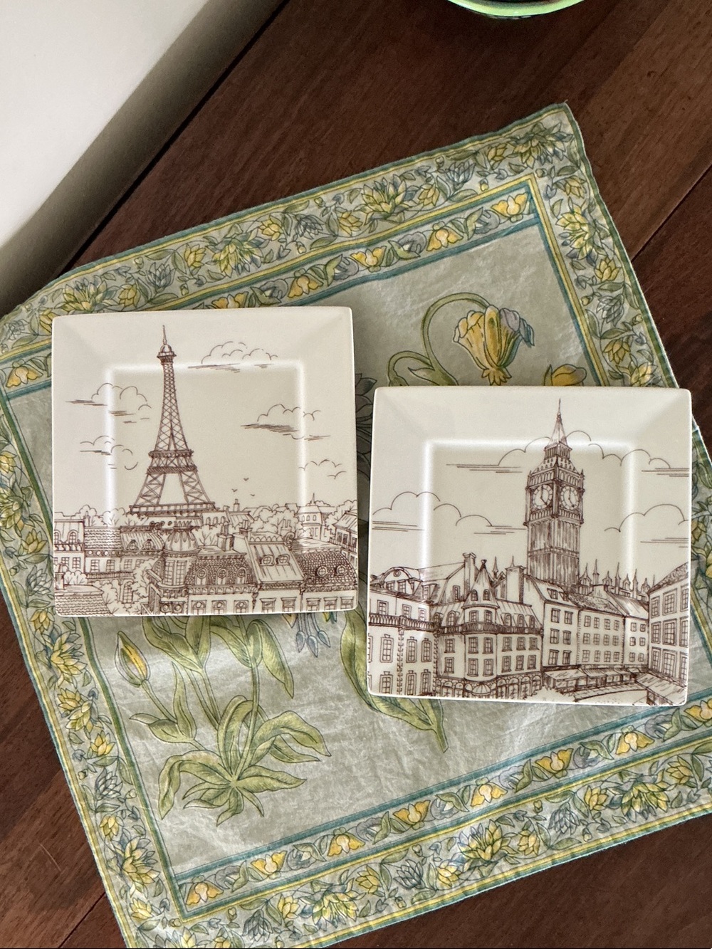 222 Fifth City Scenes Sepia Two Square Plates Paris Eiffel Tower London Big Ben